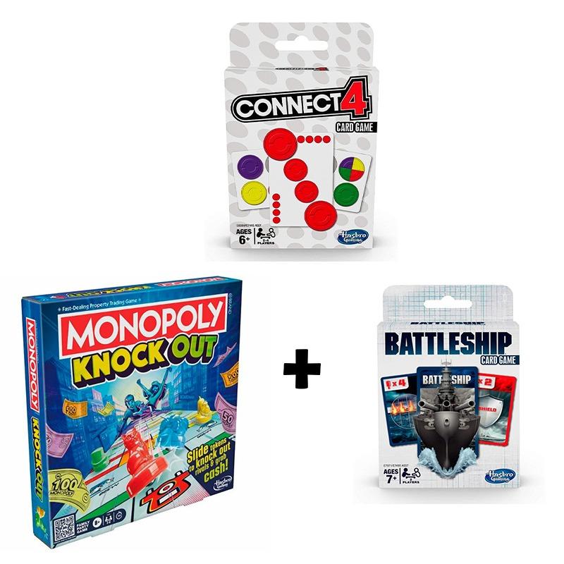 Monopoly Knockout + Connect 4 Card Game + Battleship Card Game Bundle