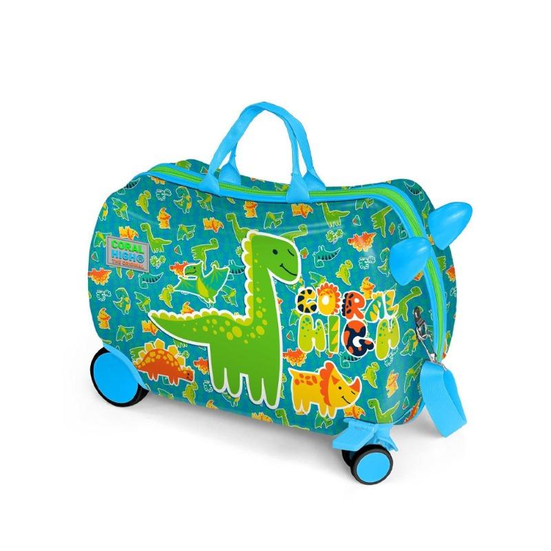 Coral High Kids Blue Green Dinosaur Patterned Sit-and-Pull Children's Suitcase