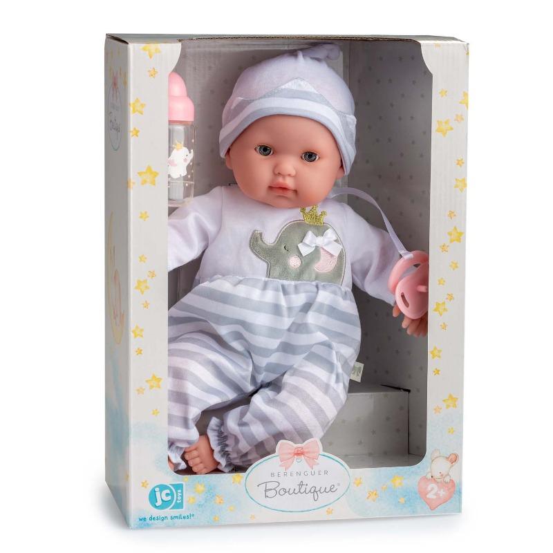 دمية بيبي ناعمة بملابس رمادية بعيون تفتح وتغلق