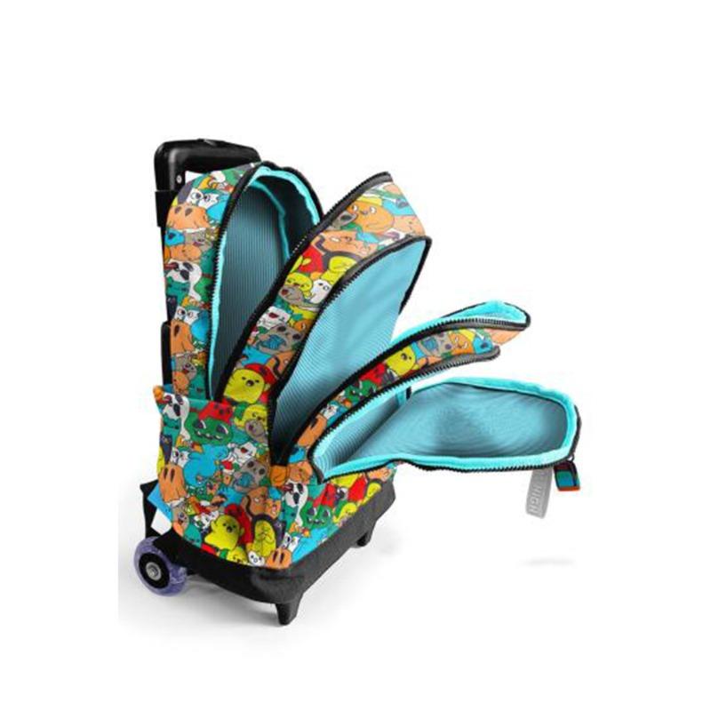 Coral High Kids Black Cartoon Patterned Three-Compartment Trolley School Backpack