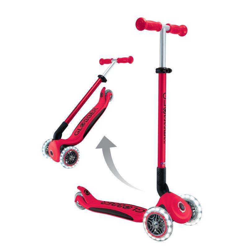Globber Elite Lights Foldable Kids 3-Wheel Scooter with LED Lights – Red