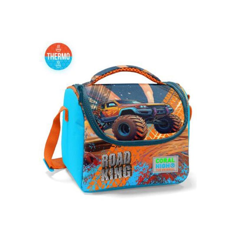 كورال هاي - حقيبة غداء حرارية للأطفال من باللون الأزرق والبرتقالي ونقشة شاحنة