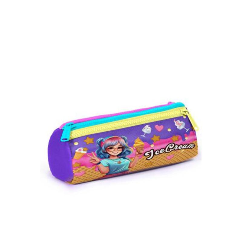 Coral High Kids Lilac Turquoise Ice Cream and Anime Patterned Three-Compartment Pencil Bag