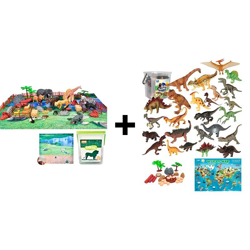حزمة مجموعة مجسمات حيوانات 60 قطعة مع خريطة + الحيوانات البرية 50 قطعة