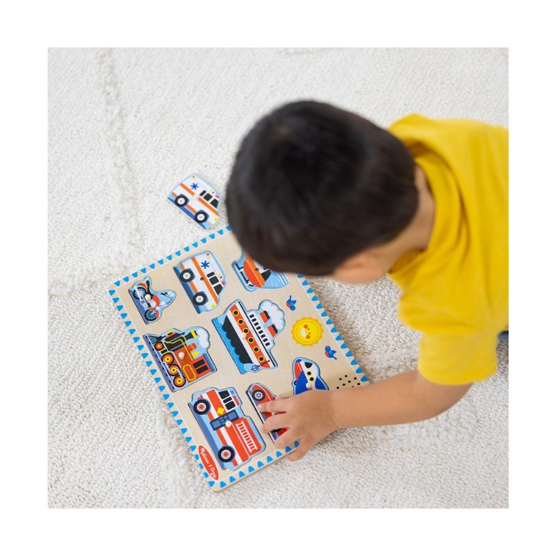 Melissa And Doug - Vehicles Sound Puzzle - Wooden Peg Puzzle With Sound Effects (8 pcs)