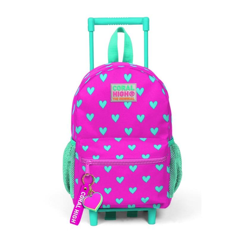 Tiny Nest Trolley Backpack Neon Pink Aqua Green Heart Patterned