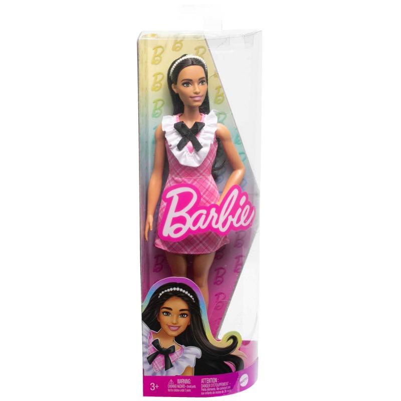 Barbie Fashionistas Doll with Black Hair Wearing a Pink Plaid Dress