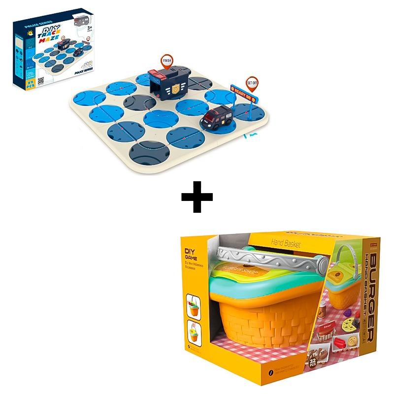 Burger Hand Basket 32pcs + Labyrinth Track Police Car 34pcs Bundle