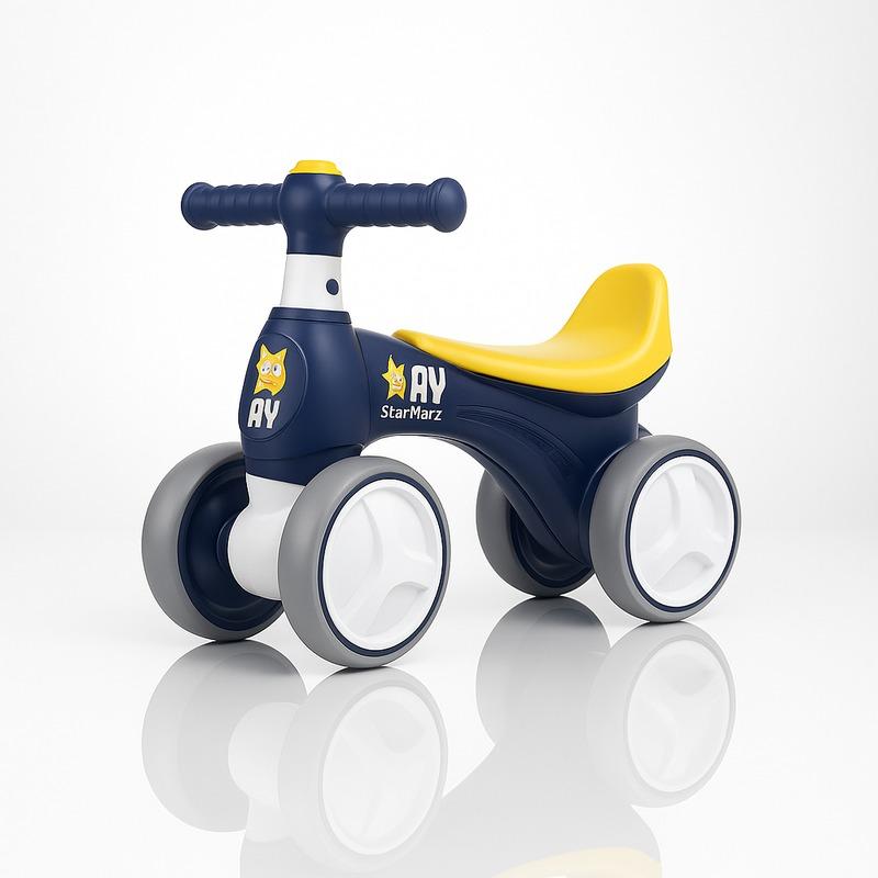 دراجة التوازن للأطفال من ستار مارز، بريميوم، بأربع عجلات، باللونين الكحلي والأصفر.