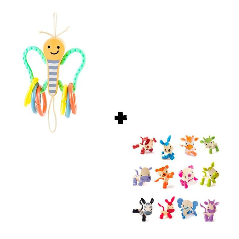 Baby Explorer Bundle (Hape Butterfly Stroller Toy + Hape Figures Wooden Mini Mals)