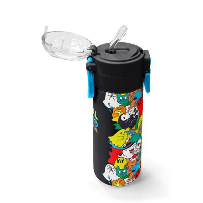 كورال هاي - ترمس للأطفال أسود مخطط برسومات كرتونية مع شفاطة - سعة 500 مل