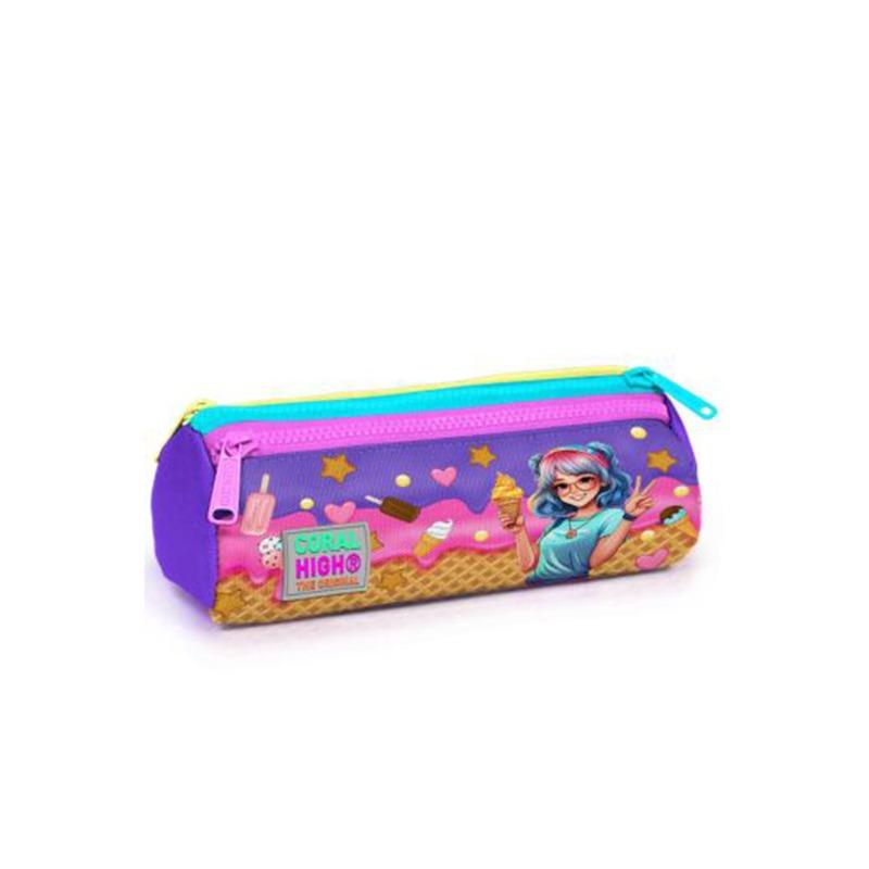 Coral High Kids Lilac Turquoise Ice Cream and Anime Patterned Three-Compartment Pencil Bag