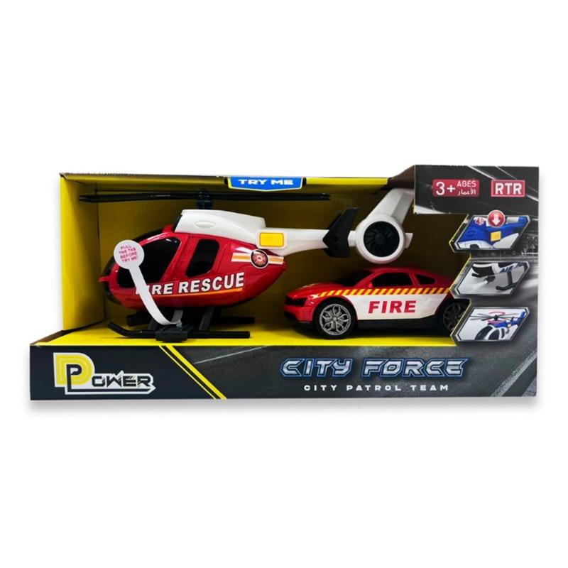 D-Power Helicopter & Sports Car 1:14 Scale Firemen Playset – Red