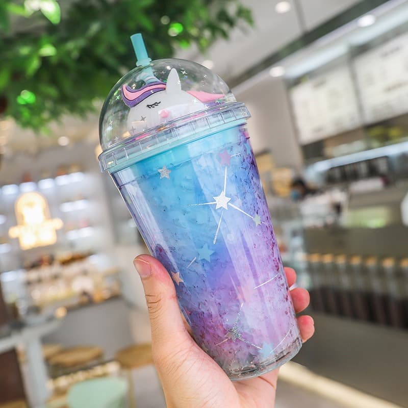 Unicorn Water Bottle Straw Type With Lid 500ml - Multicolors