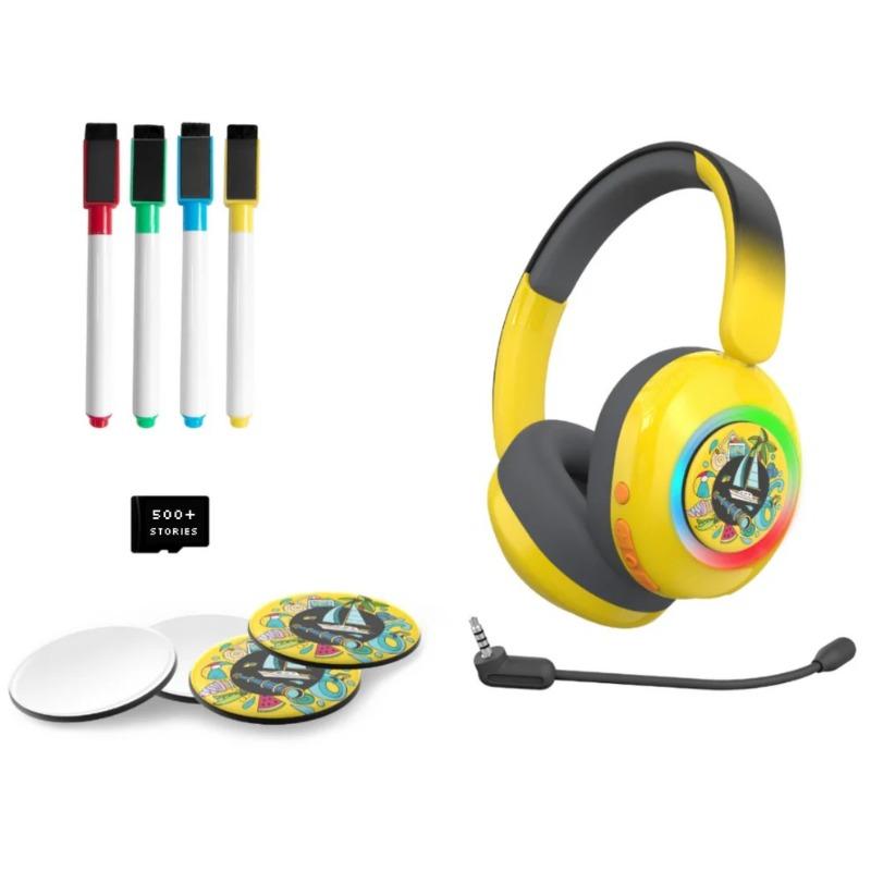 سماعة رأس للأطفال بتقنية صوت آمن وفق معايير منظمة الصحة العالمية، مع قصص صوتية تعليمية مجانية ومغناطيسات للزينة، تعمل بتقنية البلوتوث والسلك وتحتوي على مايكروفون للاستخدام المدرسي والسفر – تصميم هيلو أصفر