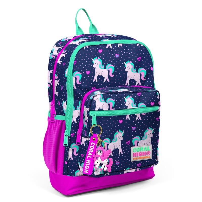 Coral High Kids Unicorn School Backpack in Dark Blue and Pink