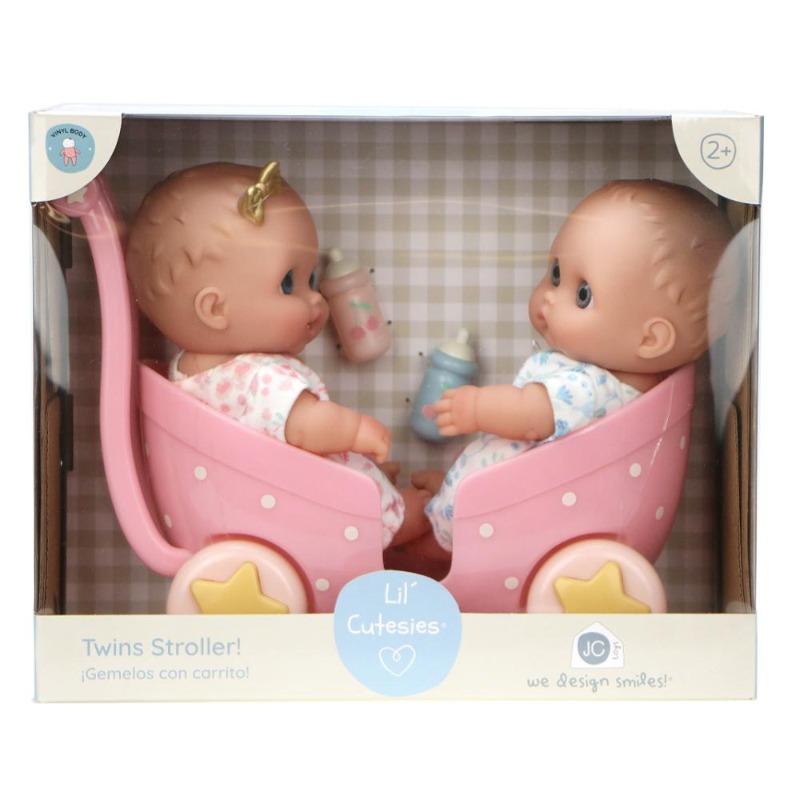 مجموعة دمى التوأم الصغيرة مع عربة مزدوجة