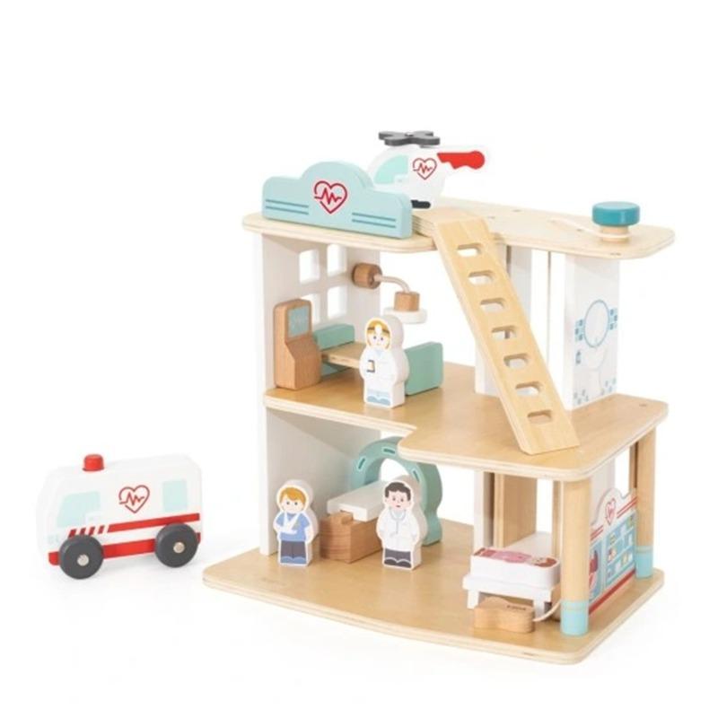 Viga Wooden Hospital Set with Ambulance Lift - 15 Pieces