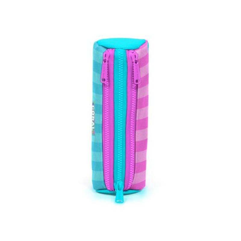 Coral High Kids - Turquoise Pink Striped Three-Compartment Pencil Bag
