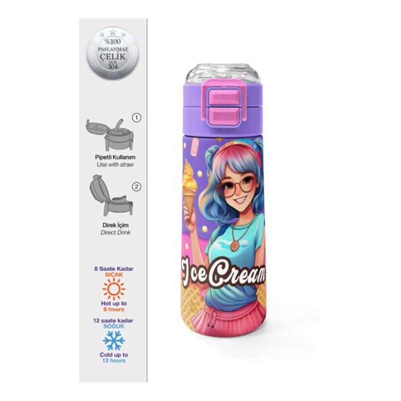 كورال هاي كيدز - ترمس وردي فيروزي بنقشة كي بوب مع شفاطة - 500 مل