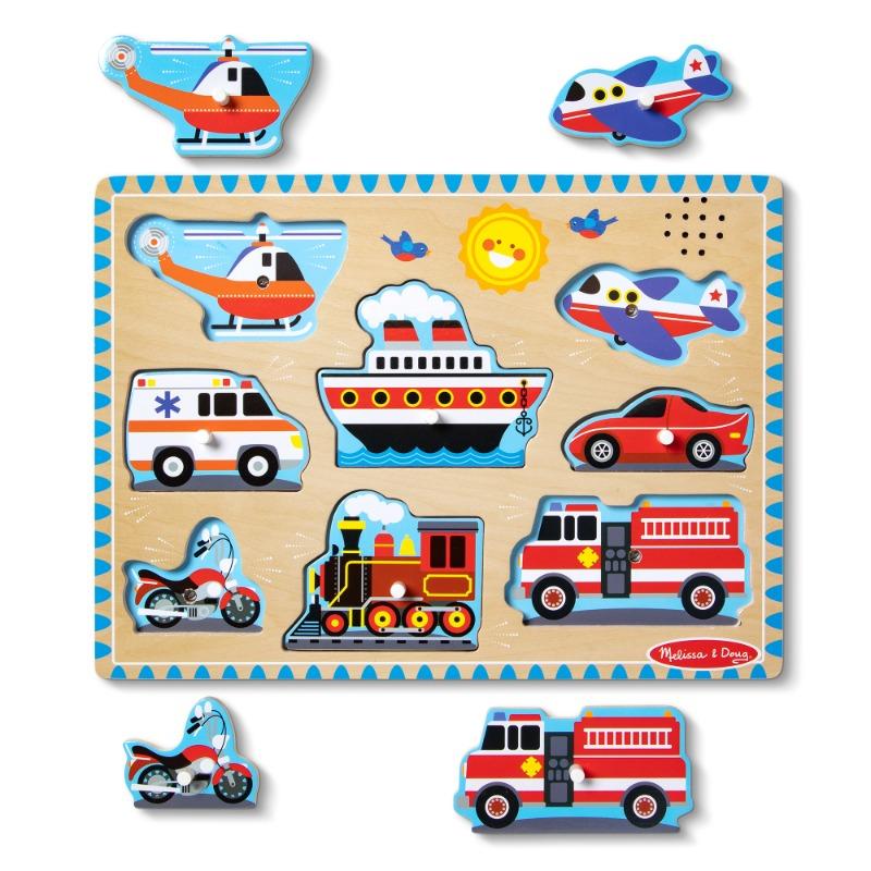 Melissa And Doug - Vehicles Sound Puzzle - Wooden Peg Puzzle With Sound Effects (8 pcs)