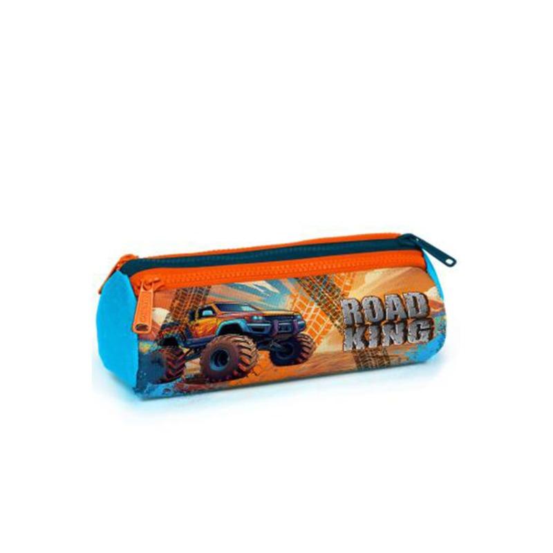 Coral High Kids Blue Orange High Wheels Truck Patterned Three Compartment Pencil Bag