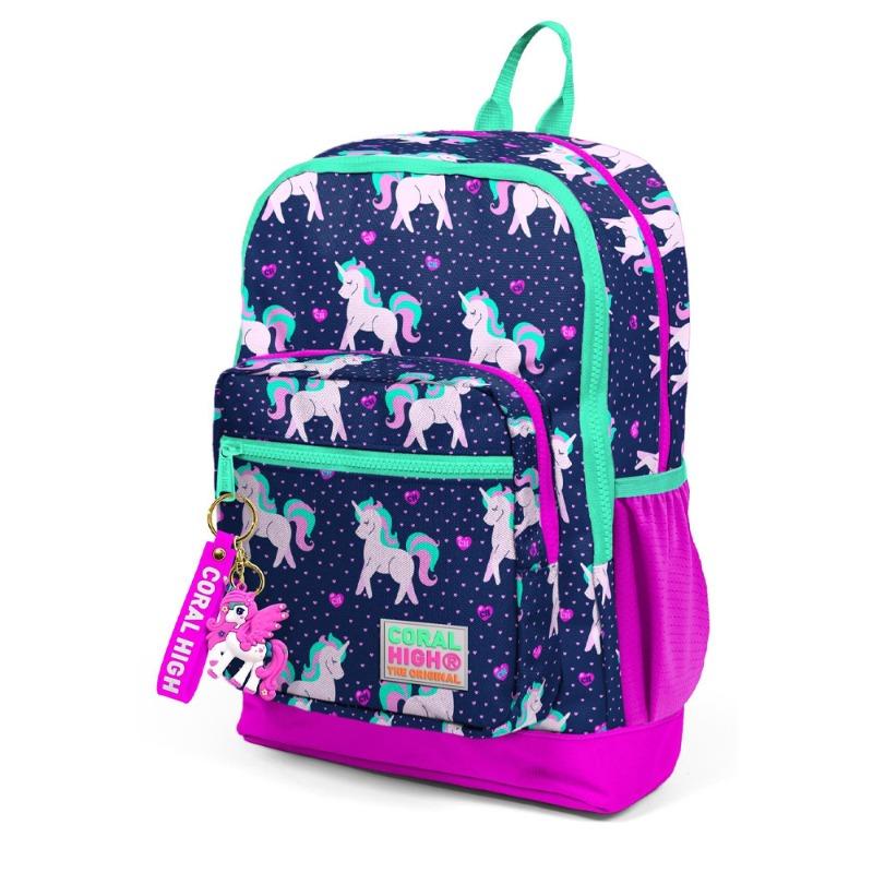 Coral High Kids Unicorn School Backpack in Dark Blue and Pink