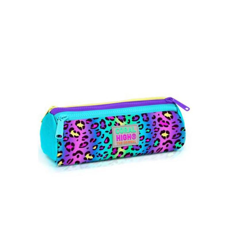 Coral High Kids Colorful Leopard Patterned Three-Compartment Pencil Bag