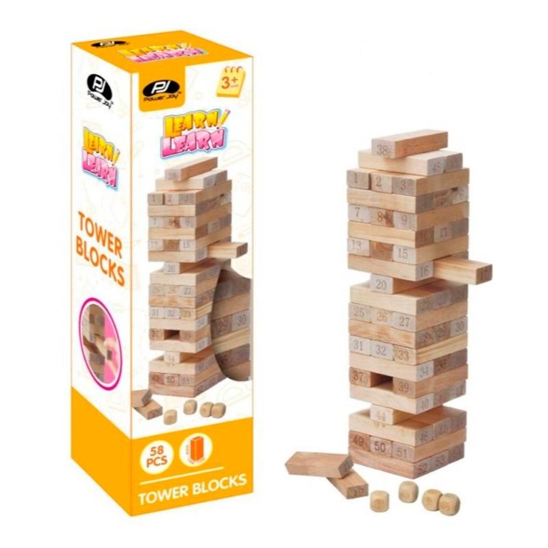 Power Joy Wooden Tower Building Blocks 54 Pcs – 4 Dices