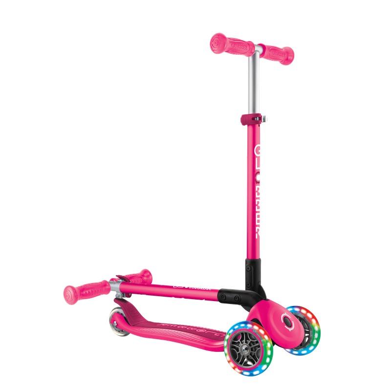 Globber Primo Adjustable Kids 3-Wheel Scooter with LED Lights Neon Pink
