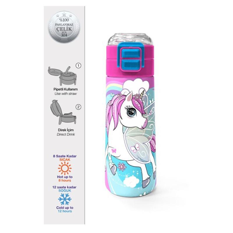 كورال هاي للأطفال – ترمس ستانلس ستيل 500 مل بشفاط - نقشة يونيكورن - أزرق ونيون وردي