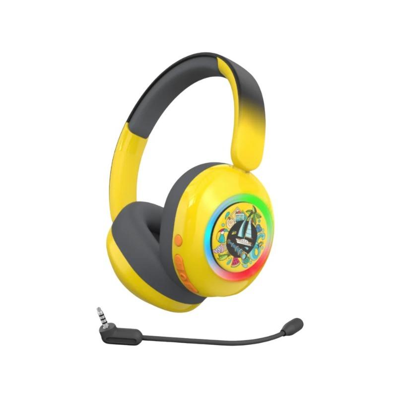 سماعة رأس للأطفال بتقنية صوت آمن وفق معايير منظمة الصحة العالمية، مع قصص صوتية تعليمية مجانية ومغناطيسات للزينة، تعمل بتقنية البلوتوث والسلك وتحتوي على مايكروفون للاستخدام المدرسي والسفر – تصميم هيلو أصفر