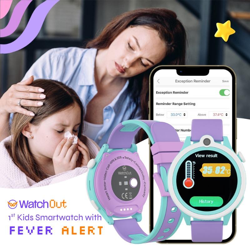 WatchOut Next-Gen+ Kids Phone Smartwatch with GPS Tracking, Heart Rate, Fever Alert, 4G Sim Enabled, Audio-Video Call, Convirtible Air Tag, Changeable Dial Ring, SOS & Parental Lock (Lavender Purple)