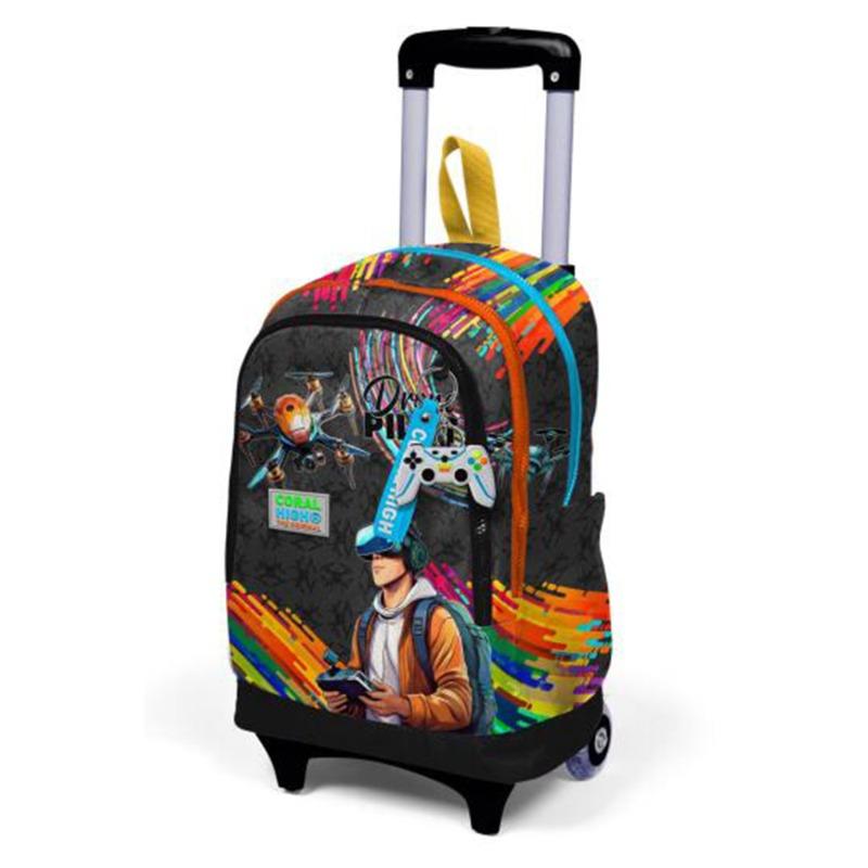 Coral High Kids Black Drone Pilot Patterned Three-Compartment Trolley School Backpack