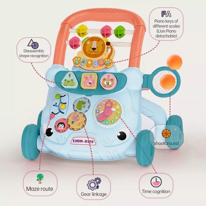 مشاية أطفال بعجلات مع موسيقى بتصميم الأسد - أزرق