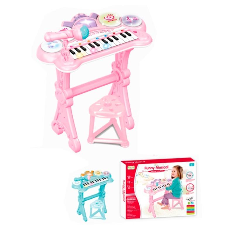 طاولة البيانو الكهربائي للأطفال مع كرسي لون وردي