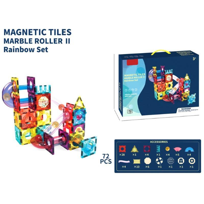 مجموعة بلاط مغناطيسي مع مسارات كرات – إصدار قوس قزح (72 قطعة)