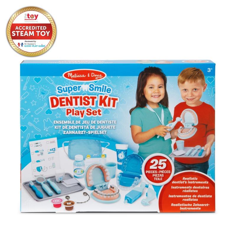 ميليسا آند دوج مجموعة أدوات طبيب الأسنان سوبر سمايل مع مجموعة لعب تظاهرية من الأسنان وإكسسوارات الأسنان (25 قطعة لعبة)