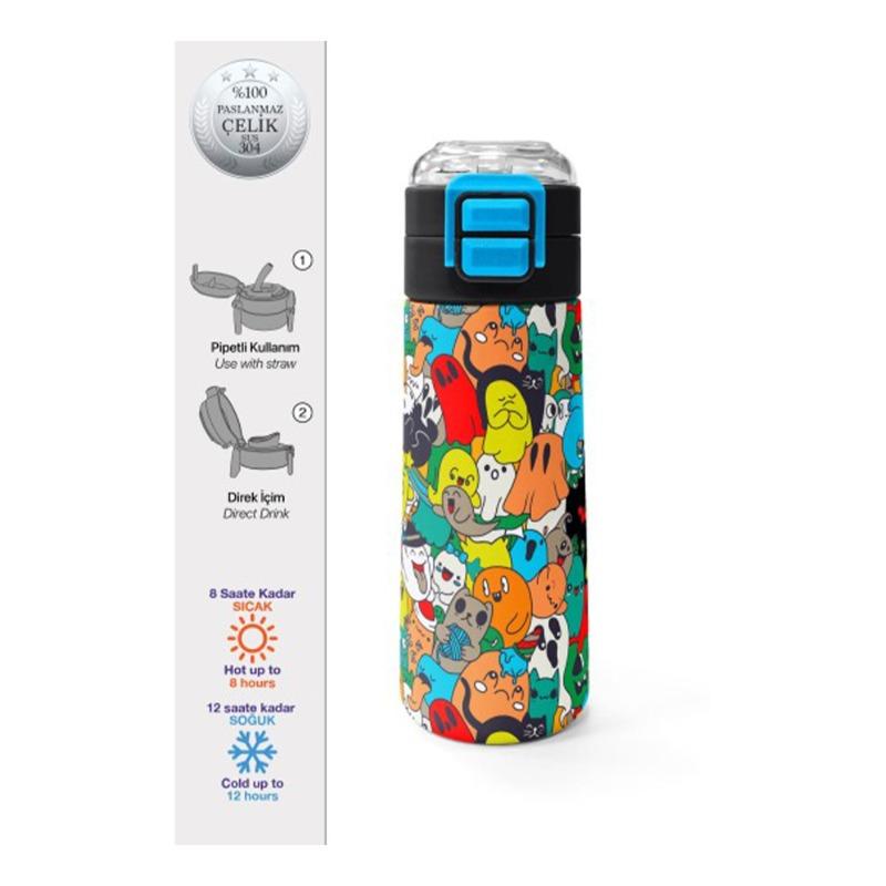 كورال هاي - ترمس للأطفال أسود مخطط برسومات كرتونية مع شفاطة - سعة 500 مل