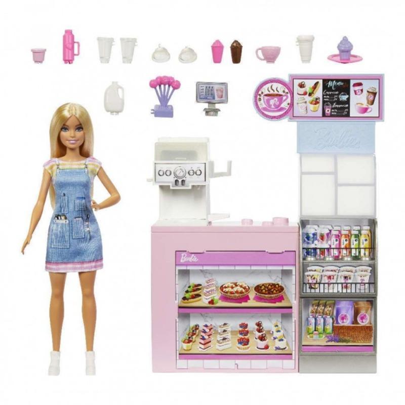 Barbie Mattel Coffee Shop playset with blonde barista doll and 12+ accessories