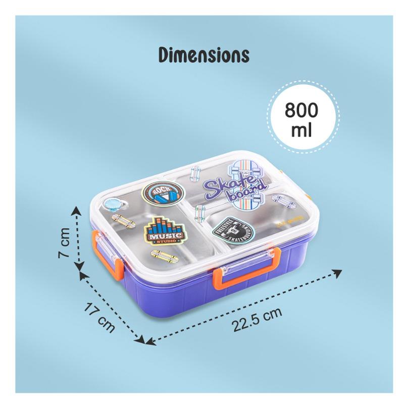 Eazy Kids 3 Compartment Stainless Steel bento Lunch Box, 800ml - Skate Board Purple