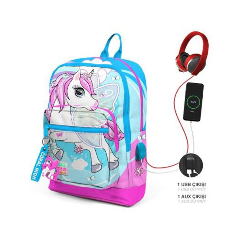Coral High Kids School Backpack - Unicorn Print - Neon Blue and Pink with USB Port