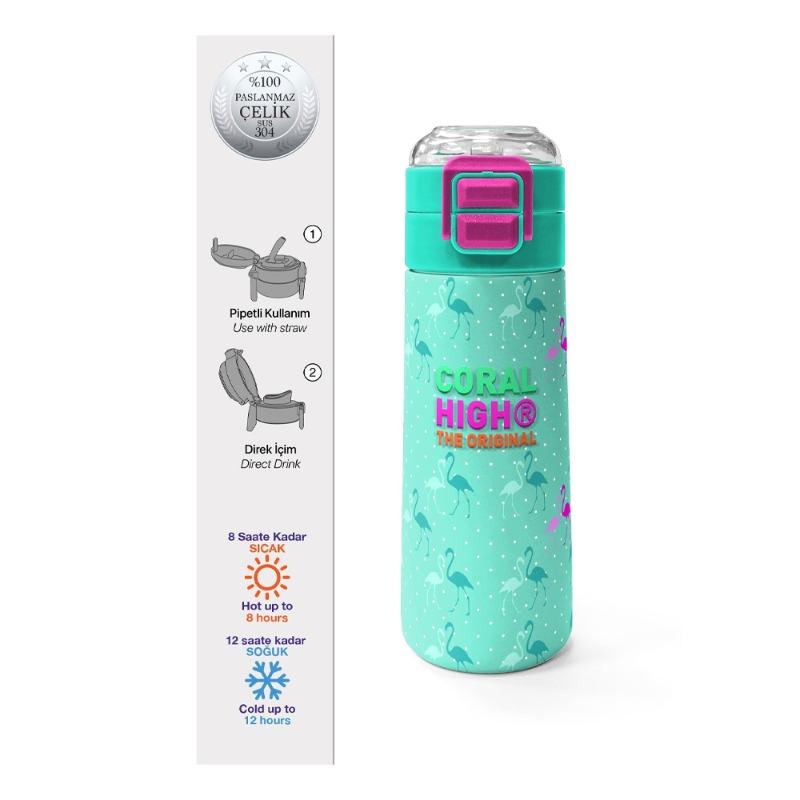 Coral High Kids Flamingo Print Stainless Steel Thermos 500ml Neon Green Pink