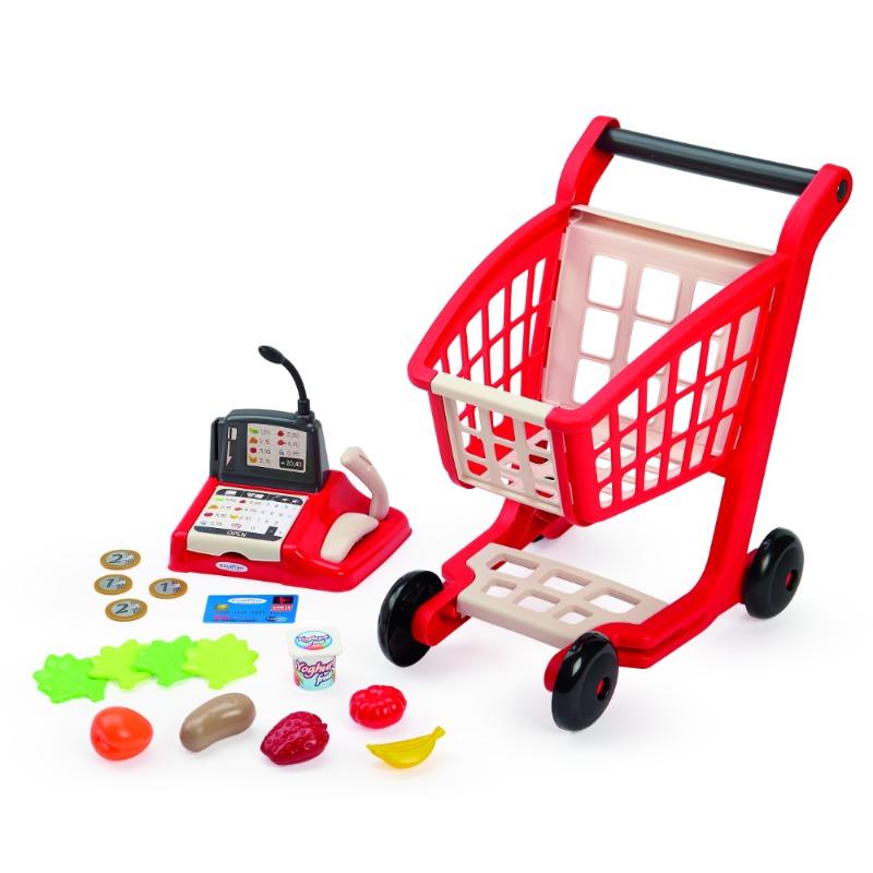 عربة سوبرماركت مع ماكينة تسجيل النقود.