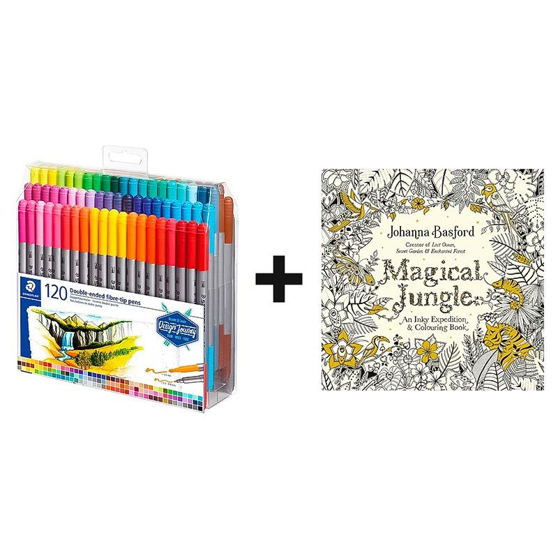 Staedtler Double Ended Fibre-Tip Pens 120 Pens + Johanna Magical jungle Free