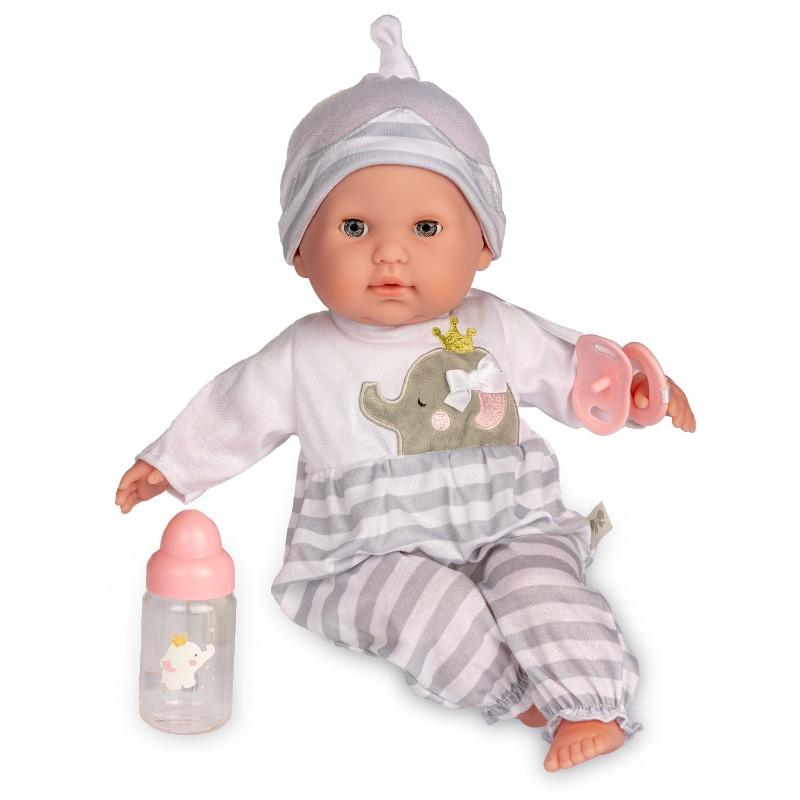 دمية بيبي ناعمة بملابس رمادية بعيون تفتح وتغلق