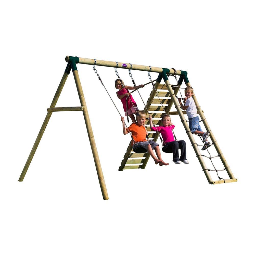 الأرجوحة المزدوجة الخشبية مع حبل التسلق والسلم الخشبي