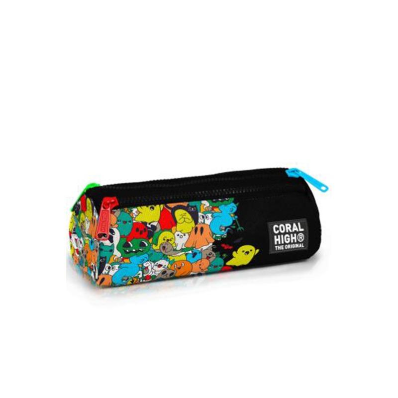 Coral High Kids Black Cartoon Patterned Three-Compartment Pencil Bag