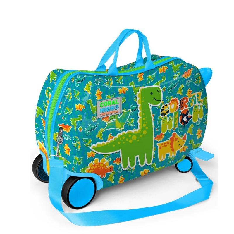 Coral High Kids Blue Green Dinosaur Patterned Sit-and-Pull Children's Suitcase