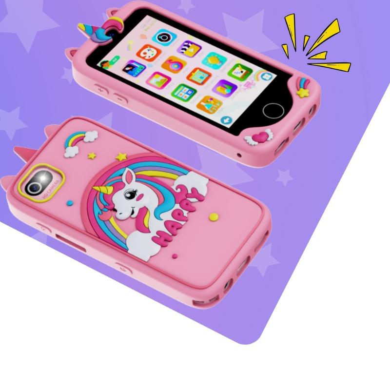 هاتف تعليمي للأطفال بشاشة بدون إجهاد للعين وكاميرا عالية الدقة ومحتوى تعليمي مدمج وتحكم رقابي للوالدين مع تحديد وقت الشاشة والتطبيقات ومكالمات طوارئ عبر الواي فاي ومتجر تطبيقات آمن للأطفال – تصميم يونيكورن وردي